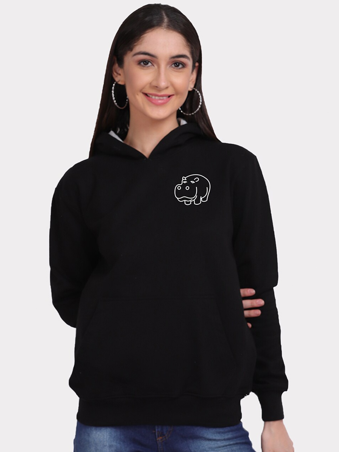 

Mad Over Print Women Black Hippo Animal Placement Print Hooded Sweatshirt