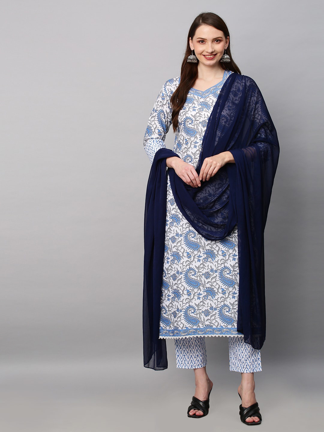 

KALINI Women Blue Ethnic Printed Straight Kurta with Trousers & With Dupatta
