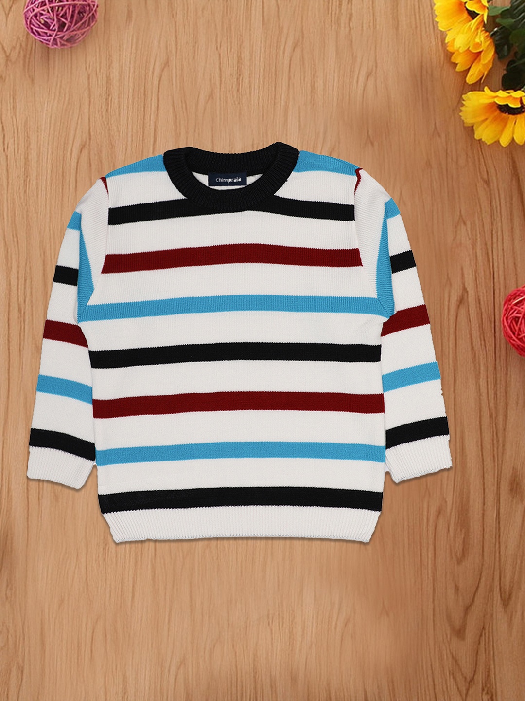 

CHIMPRALA Boys White & Maroon Striped Woolen Pullover