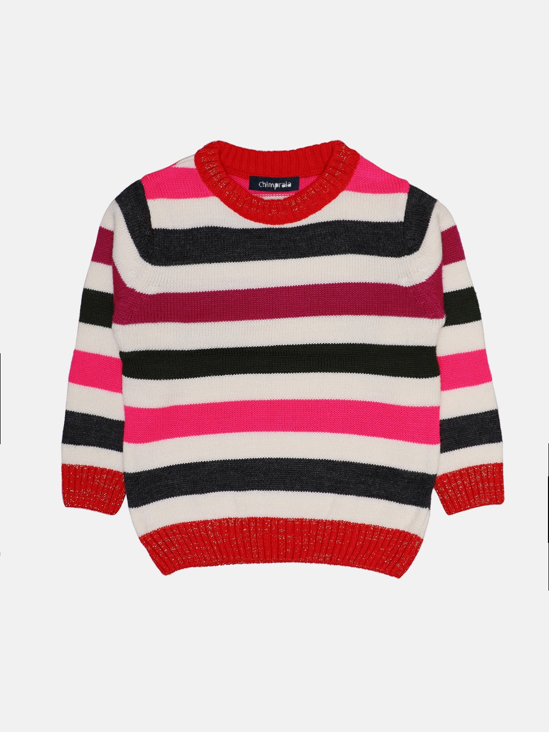 CHIMPRALA Girls Pink & Off White Striped Woolen Pullover