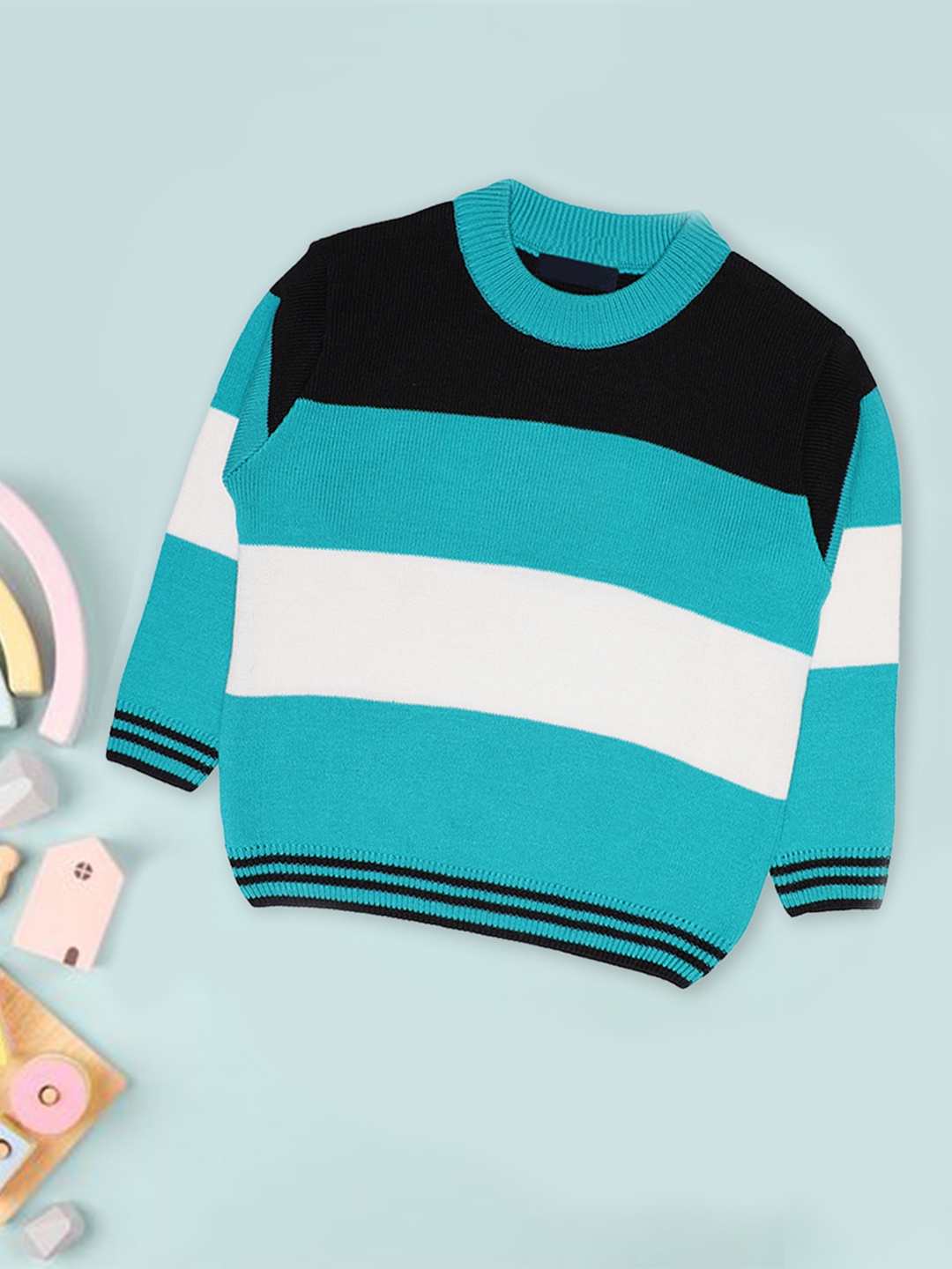 

CHIMPRALA Boys Blue & White Striped Colourblocked Pullover