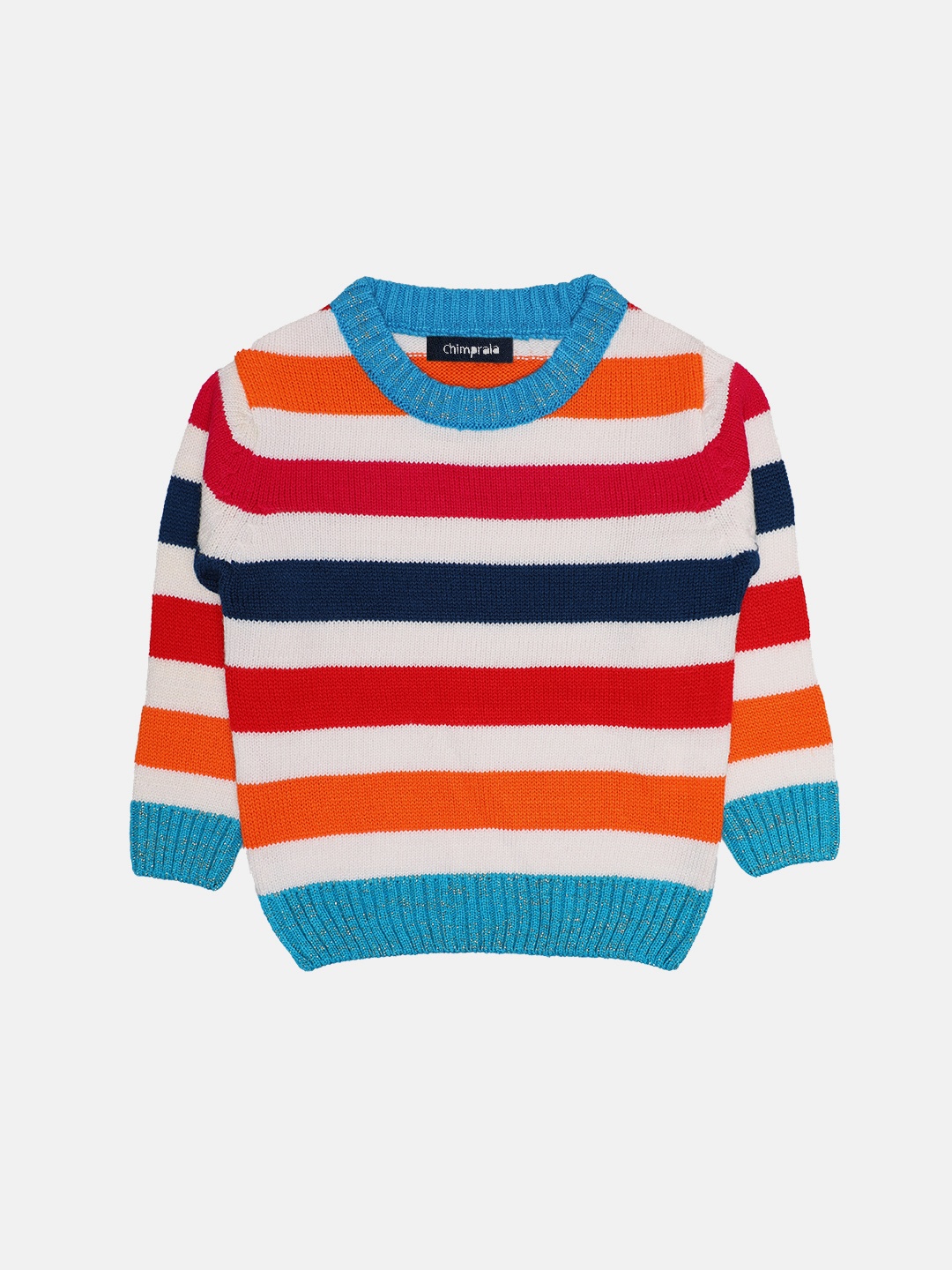 

CHIMPRALA Girls White & Orange Striped Woolen Pullover