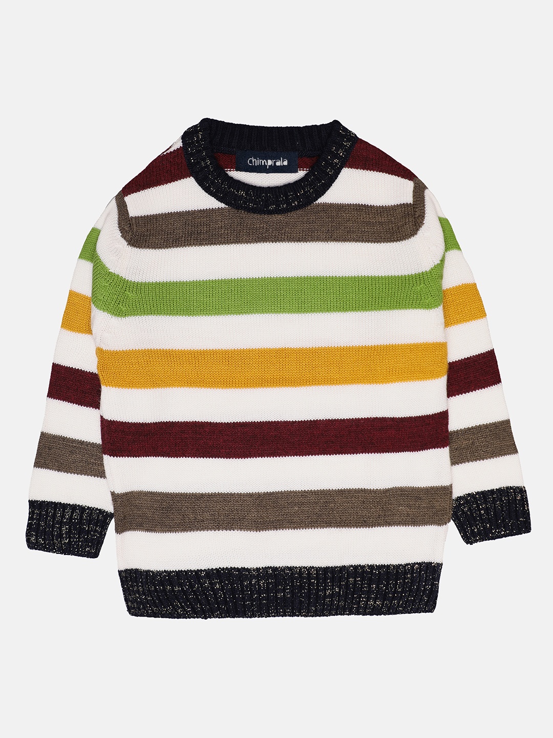 

CHIMPRALA Girls White & Green Striped Pullover