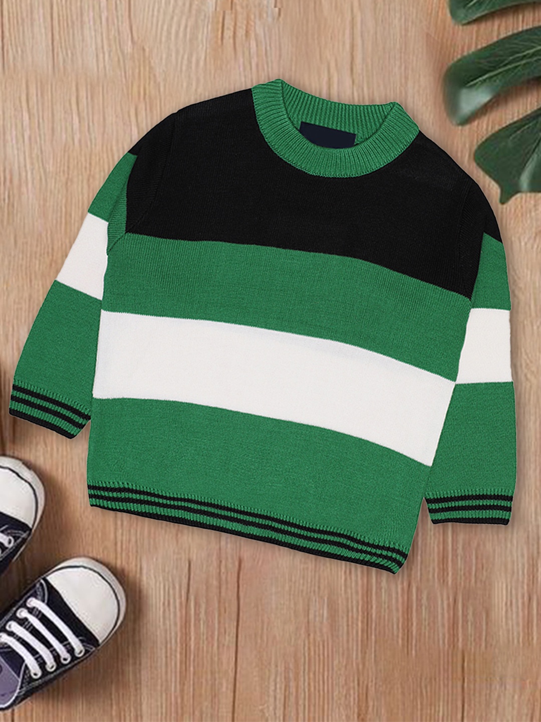 

CHIMPRALA Boys Green & White Striped Woolen Pullover