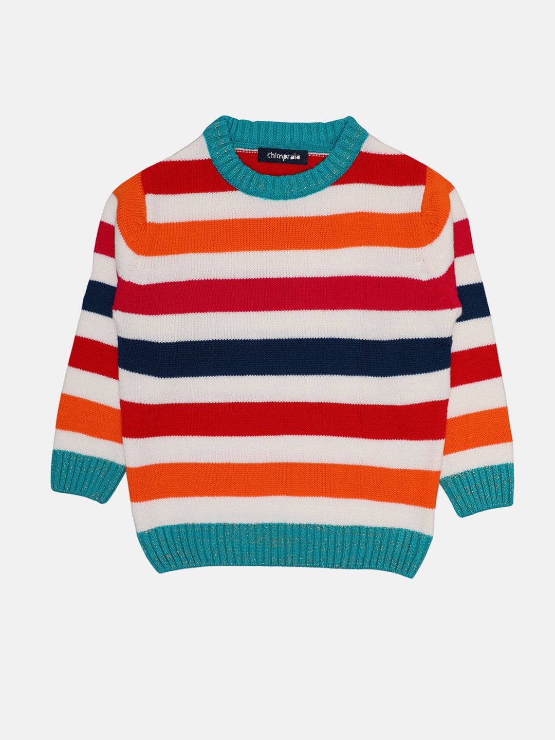 

CHIMPRALA Girls White & Orange Striped Woolen Pullover