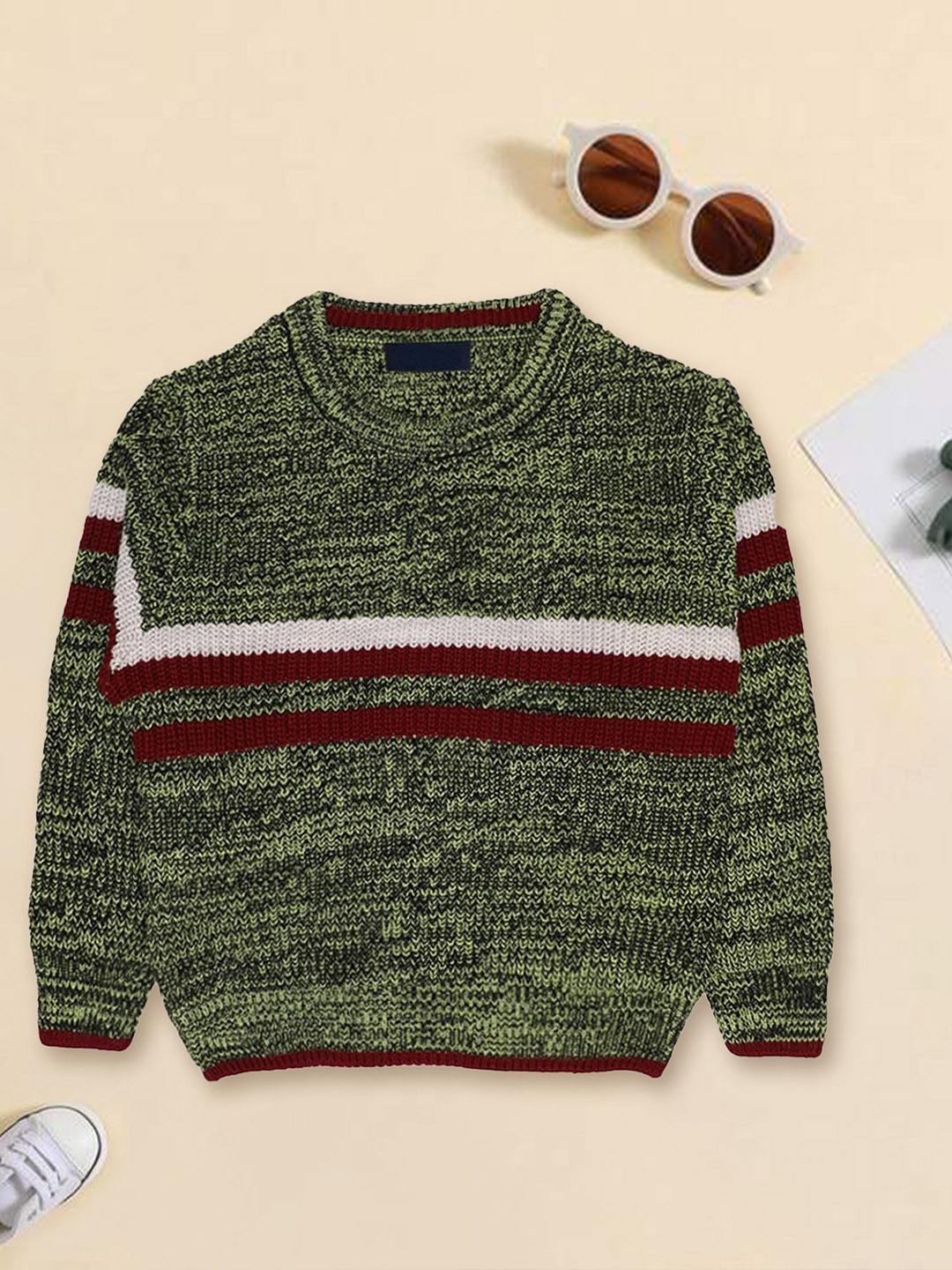 

CHIMPRALA Boys Green & White Striped Pullover