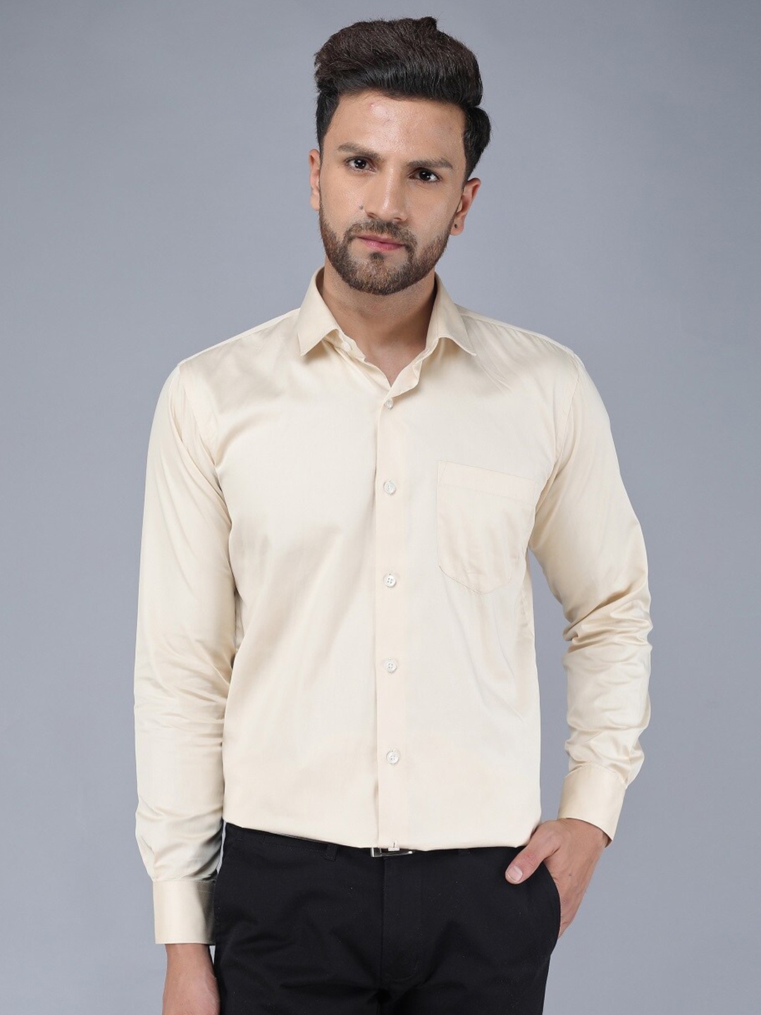 

TQS Men Beige Solid Classic Cotton Formal Shirt