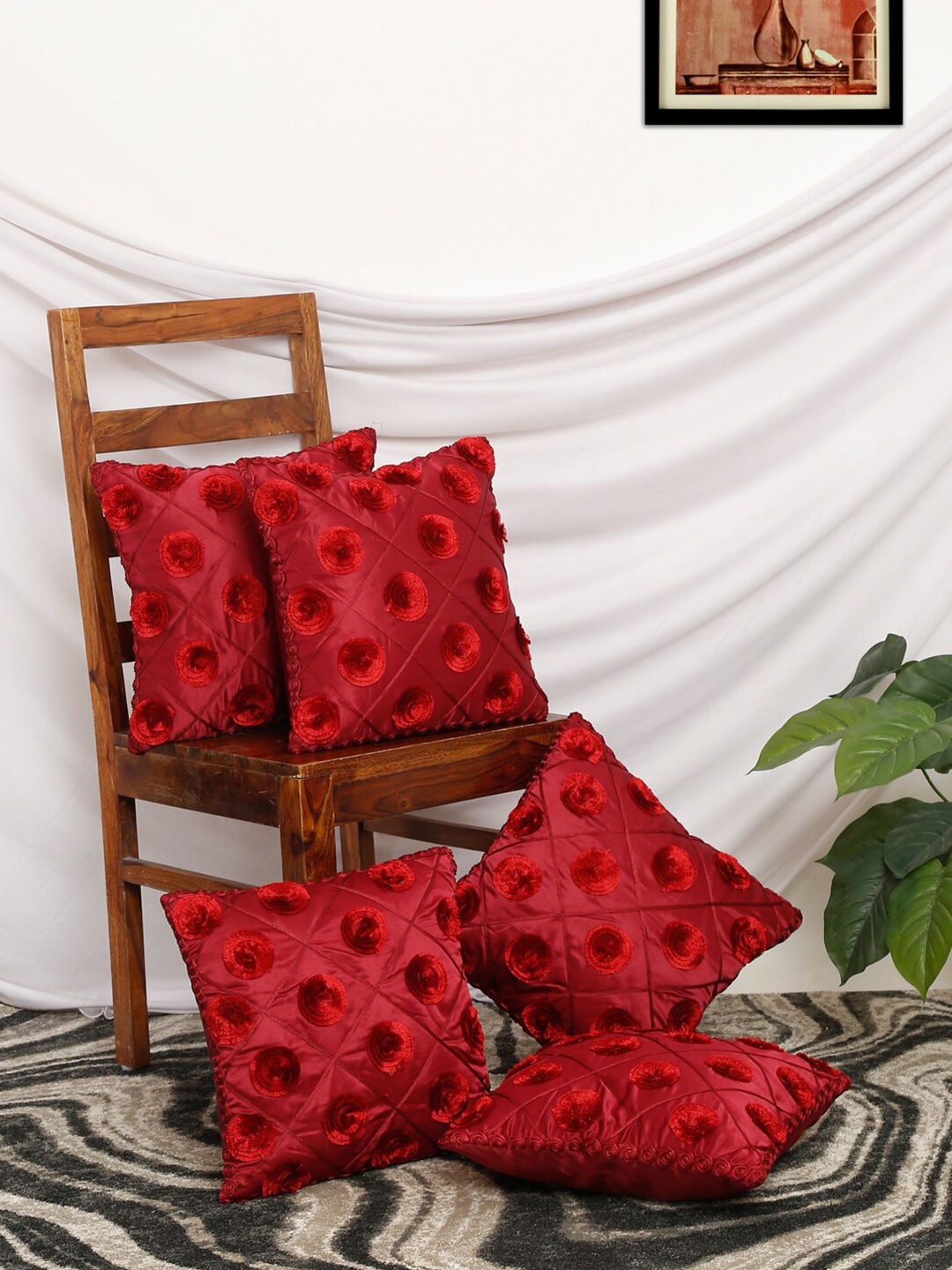 

Slushy Mushy Set of 5 Embroidered Square Cushion Covers, Red