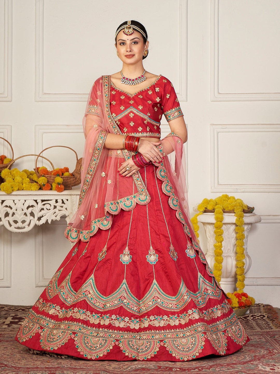 

Warthy Ent Maroon & Gold-Toned Embroidered Thread Work Semi-Stitched Lehenga & Unstitched Blouse With