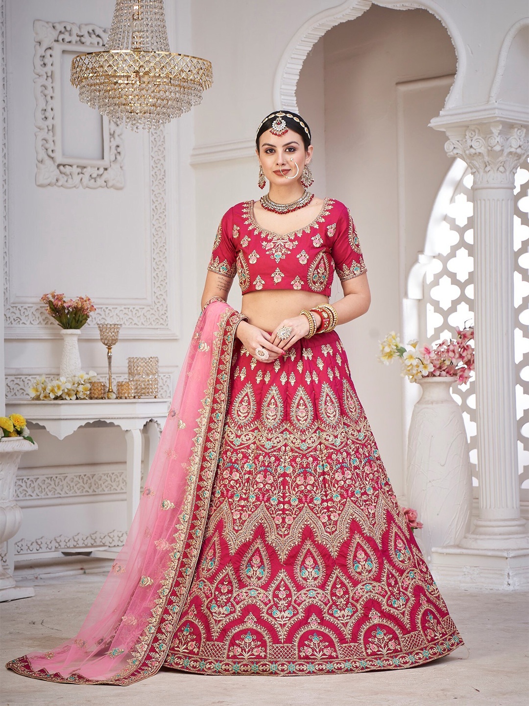 

Warthy Ent Maroon & Gold-Toned Embroidered Semi-Stitched Lehenga & Unstitched Blouse