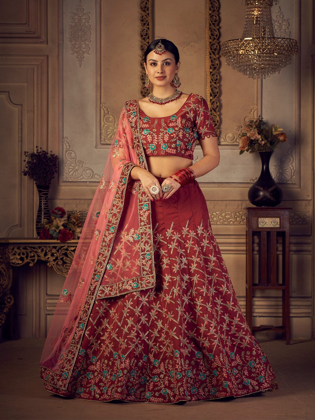 

Warthy Ent Maroon & Gold-Toned Embroidered Thread Work Semi-Stitched Lehenga & Unstitched Blouse With