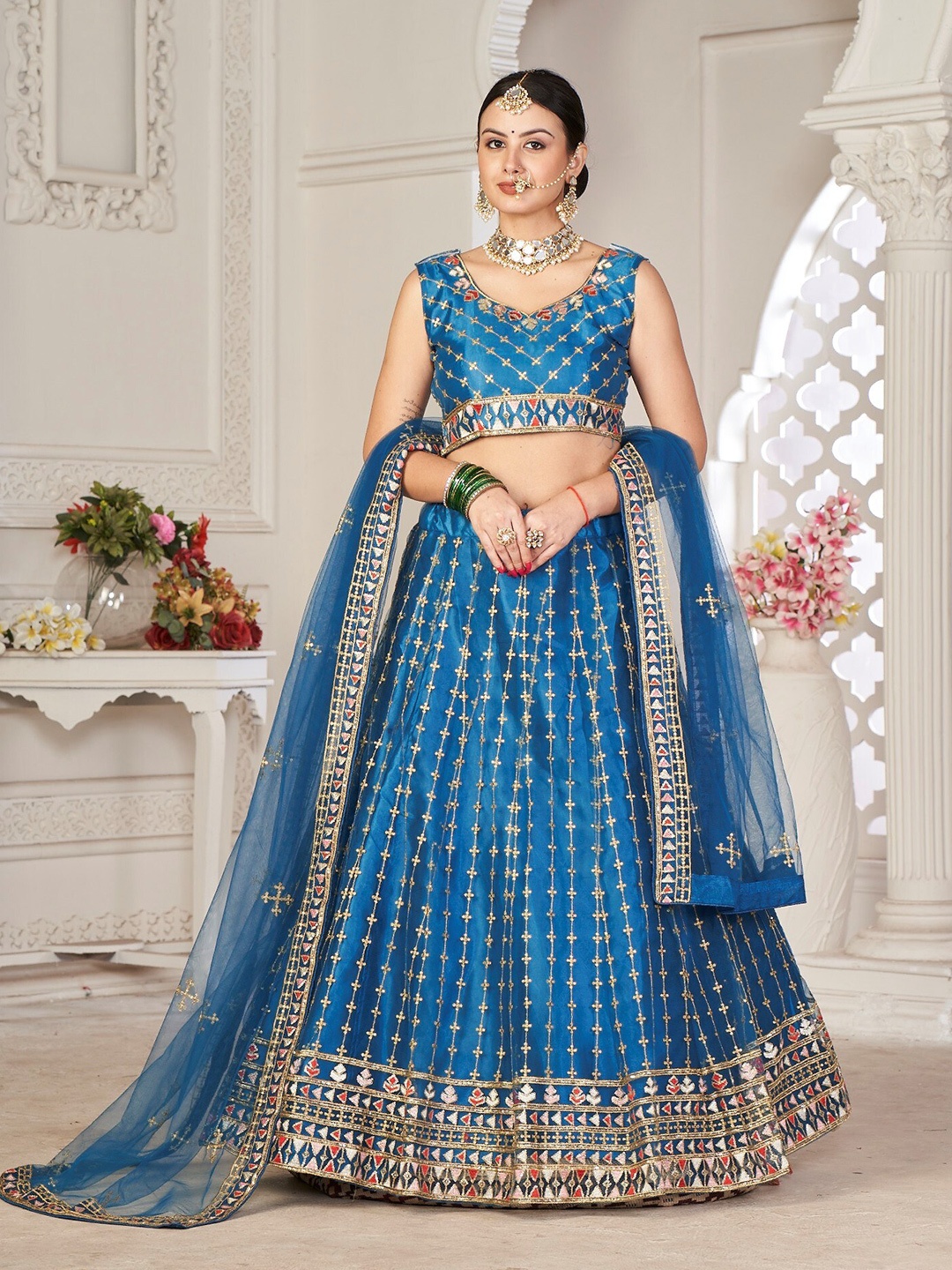 

Warthy Ent Turquoise Blue & Gold Semi-Stitched Lehenga &Unstitched Blouse & Dupatta