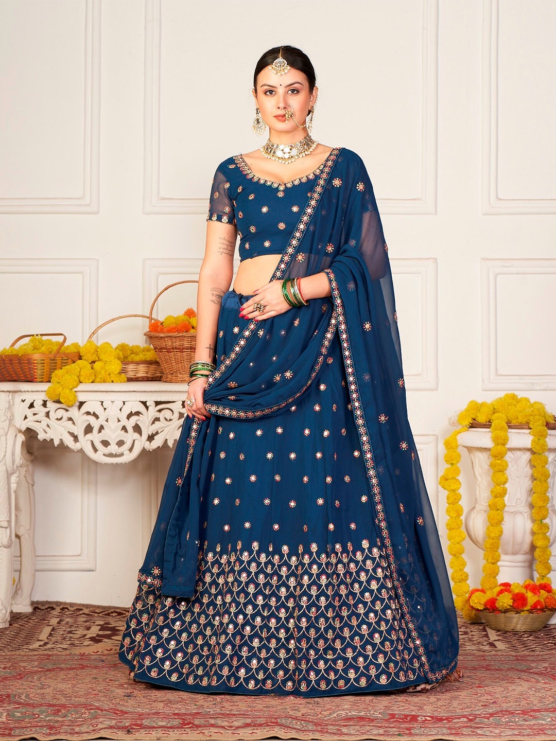 

Warthy Ent Teal Blue & Red Embroidered Semi-Stitched Lehenga&Unstitched Blouse & Dupatta