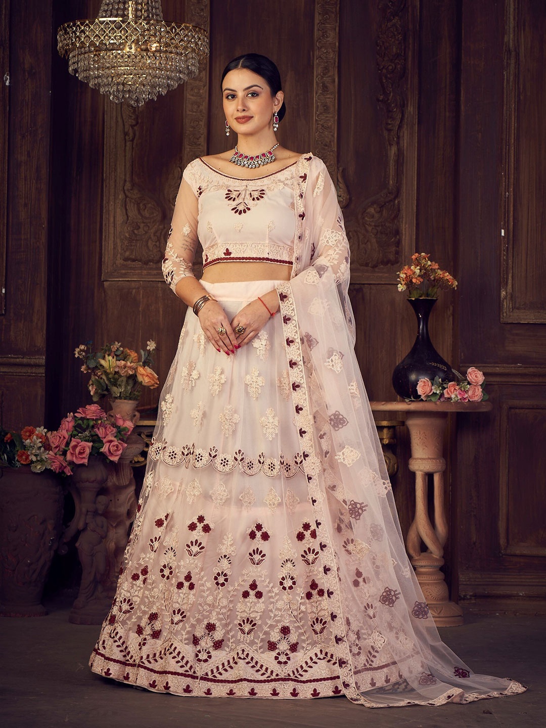 

Warthy Ent Pink & White Embroidered Semi-Stitched Lehenga & Unstitched Blouse With Dupatta