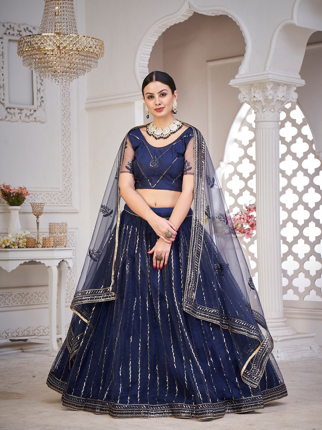 

Warthy Ent Navy Blue & White Sequinned Semi-Stitched Lehenga & Unstitched Blouse & Dupatta