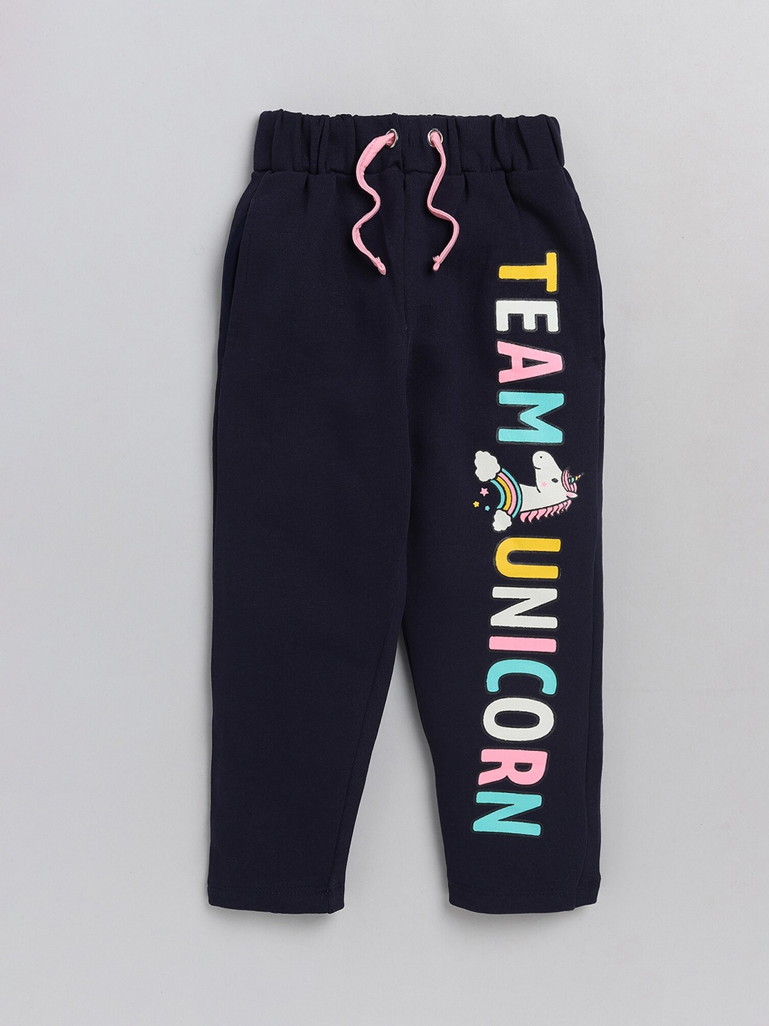 

YK Girls Navy Blue & Yellow Unicorn Printed Straight-Fit Track Pant