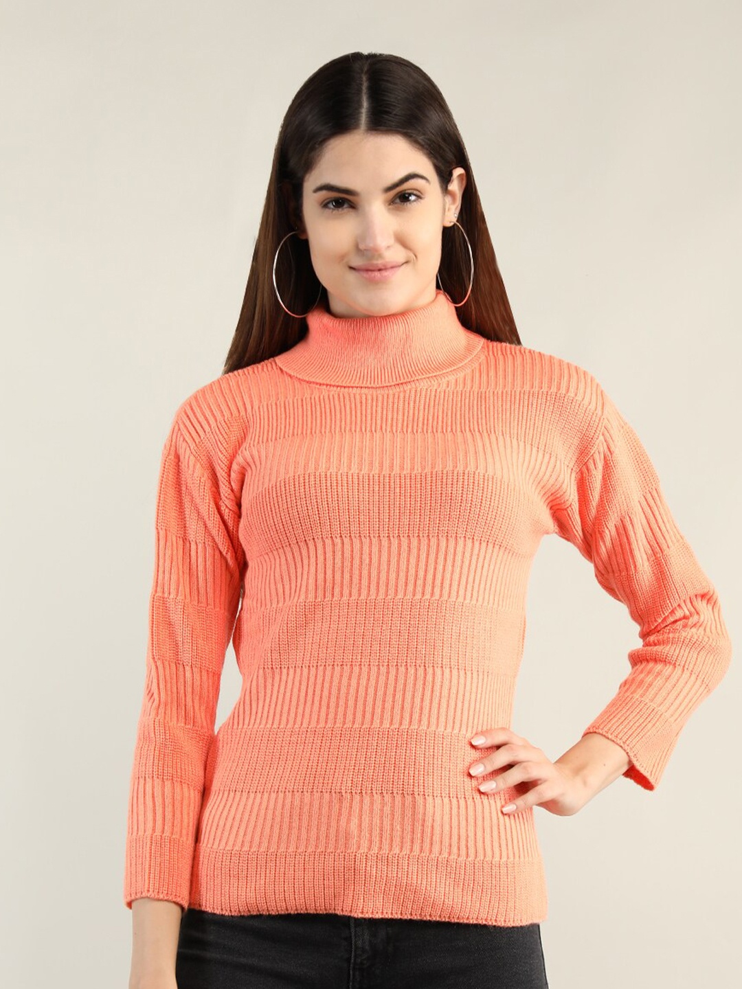 

CHKOKKO Women Peach-Coloured Ribbed Pullover
