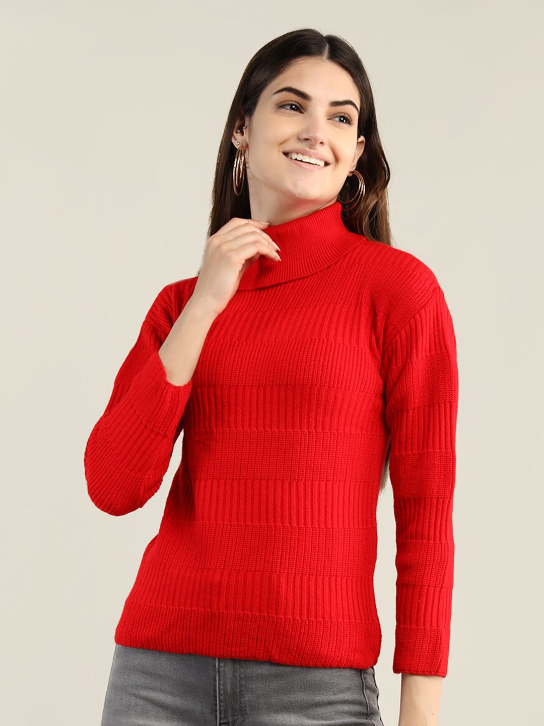 

CHKOKKO Women Red Ribbed Pullover
