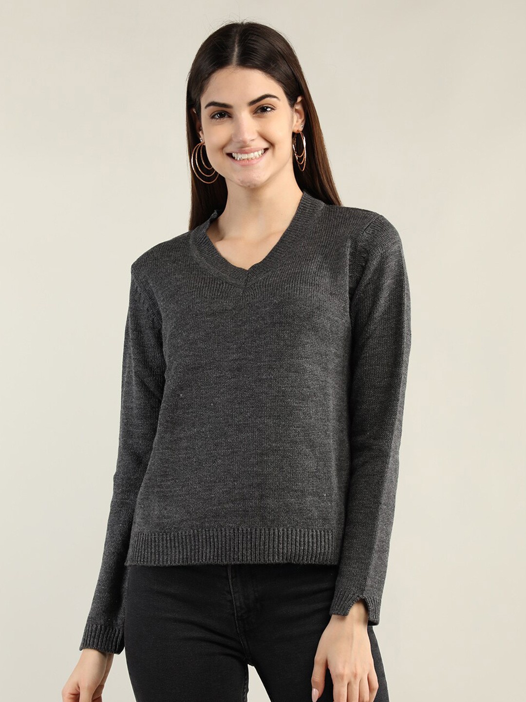 

CHKOKKO Women Grey Ribbed Pullover