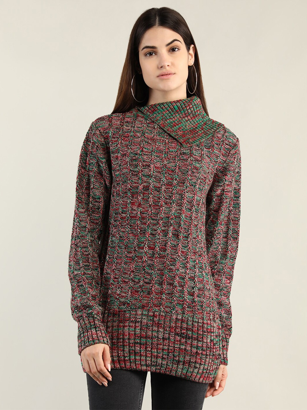 

CHKOKKO Women Green & Red Cable Knit Longline Pullover