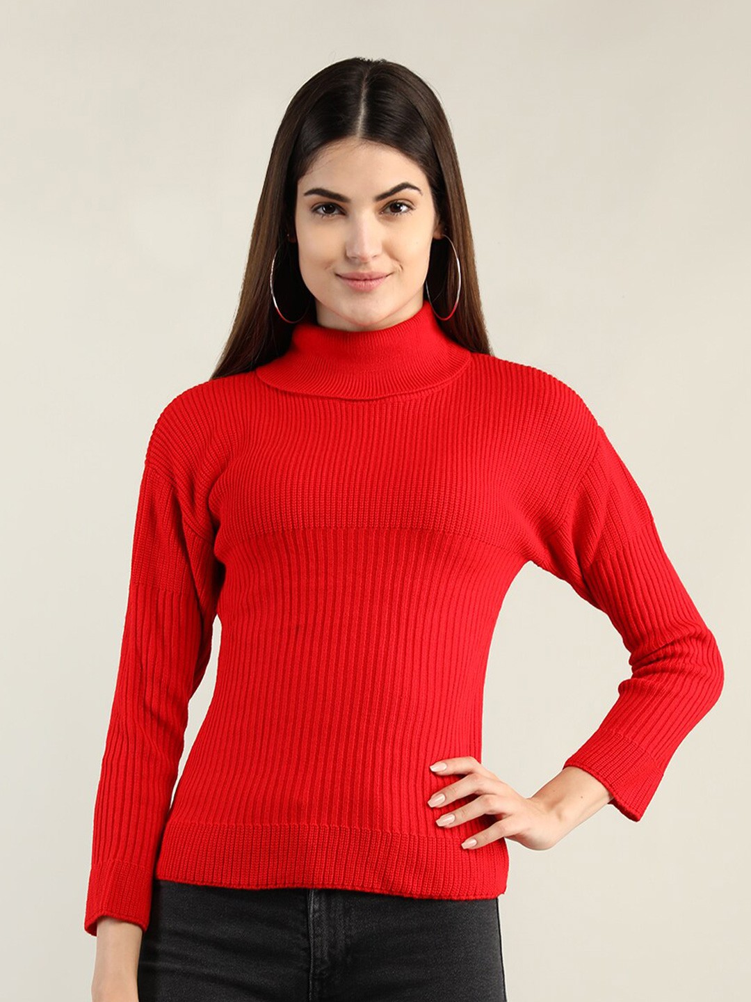 

CHKOKKO Women Red Ribbed Pullover