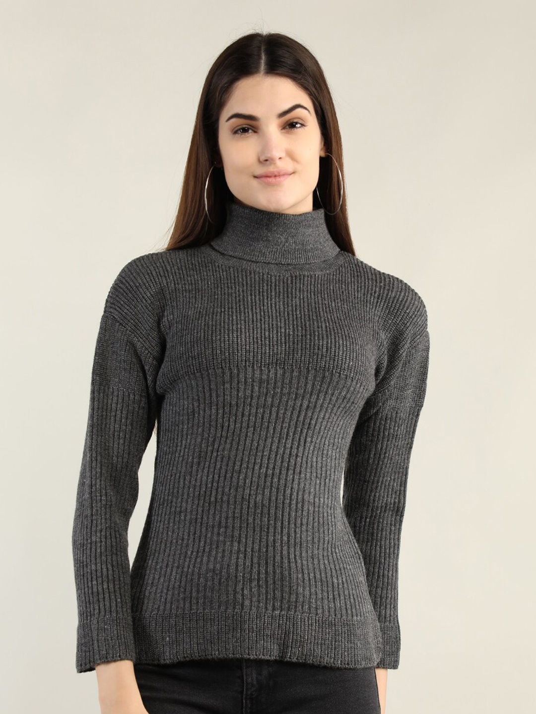 

CHKOKKO Women Grey Ribbed Pullover