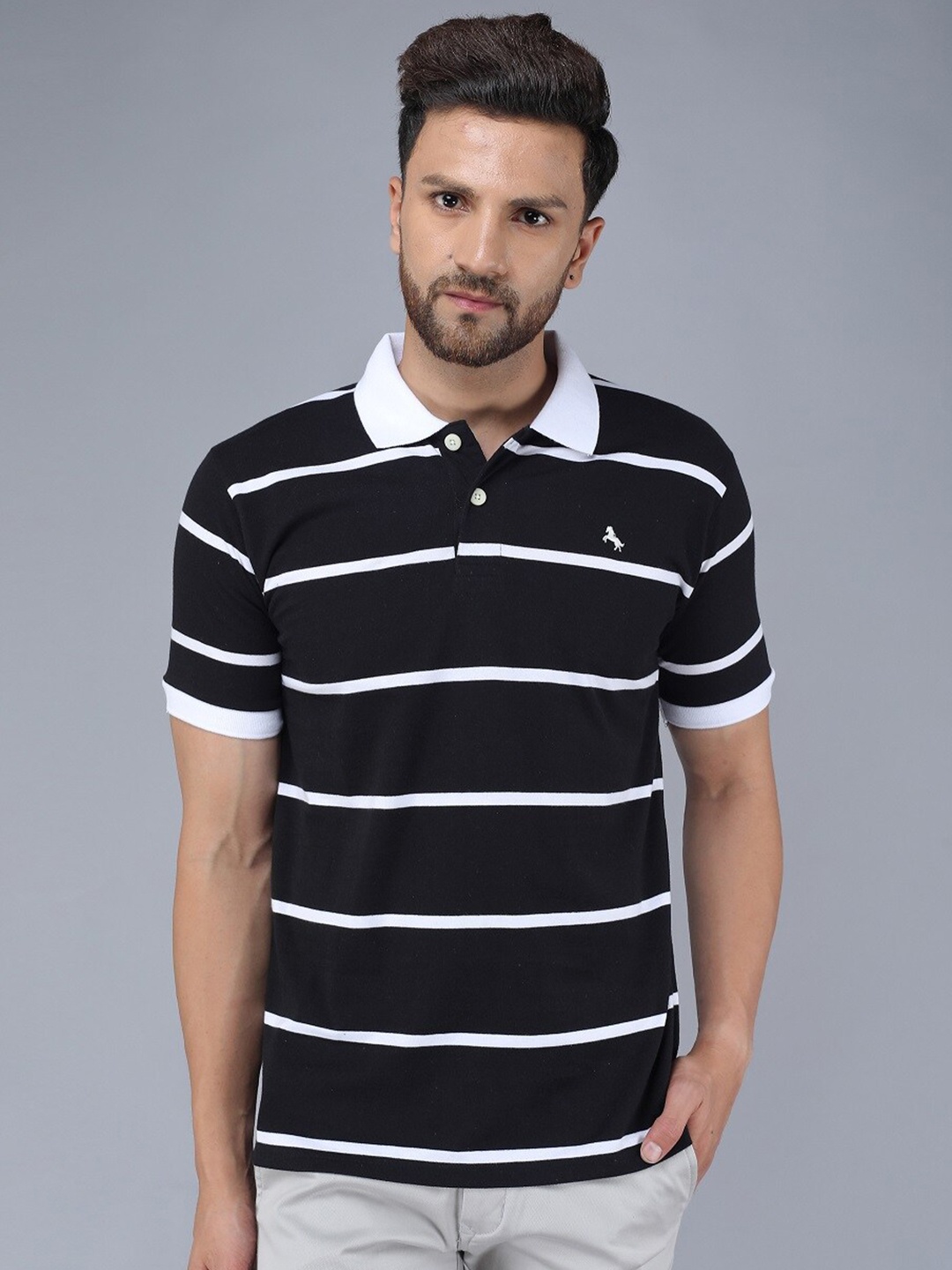 

TQS Men Black Striped Polo Collar Slim Fit T-shirt