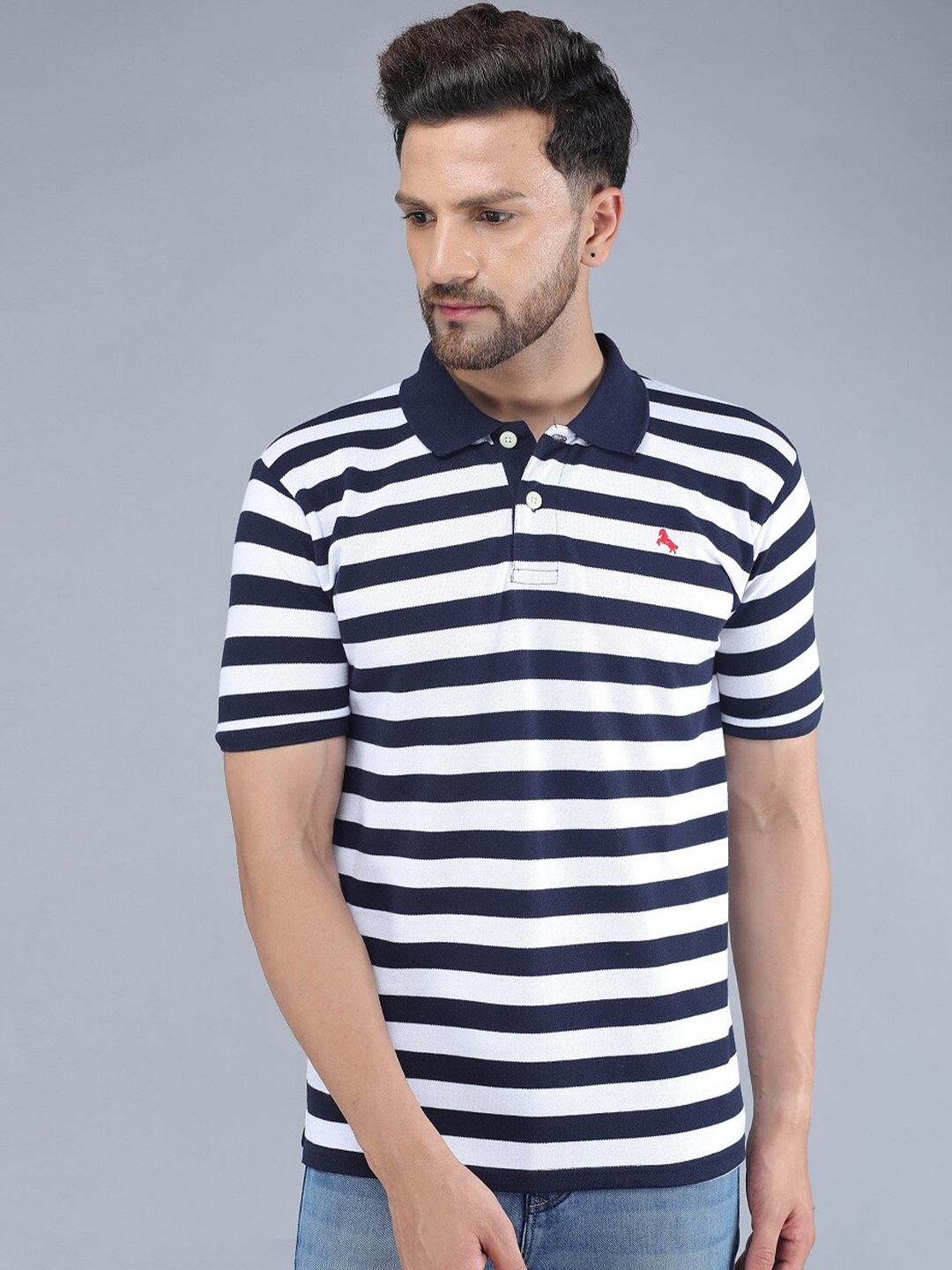 

TQS Men Navy Blue Striped Polo Collar Slim Fit T-shirt