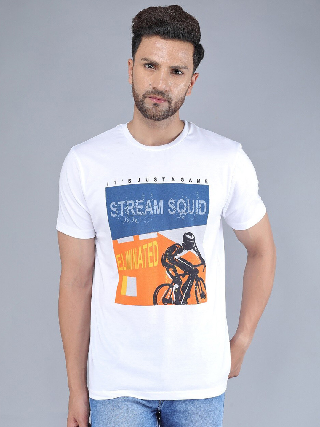 

TQS Men White & Blue Printed Slim Fit T-shirt