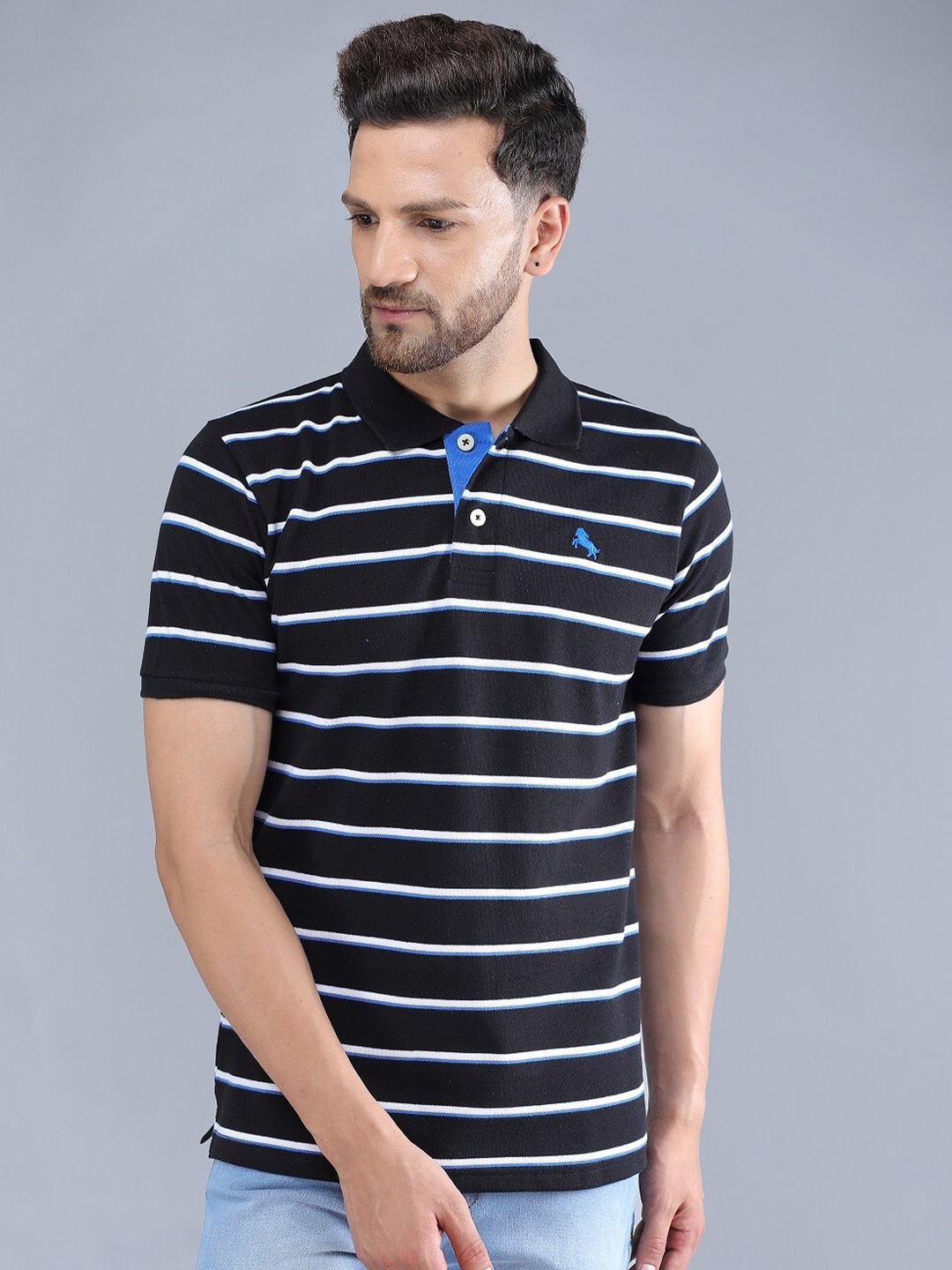 

TQS Men Black Striped Polo Collar Slim Fit T-shirt