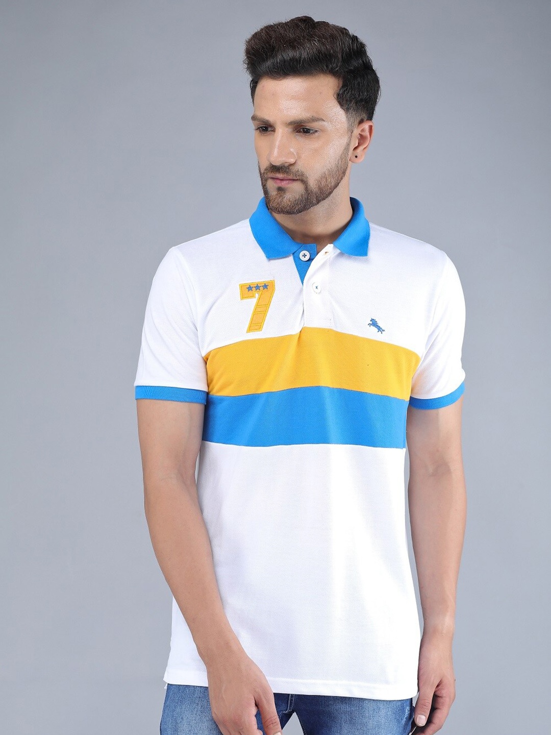 

TQS Men White Colourblocked Polo Collar Slim Fit T-shirt