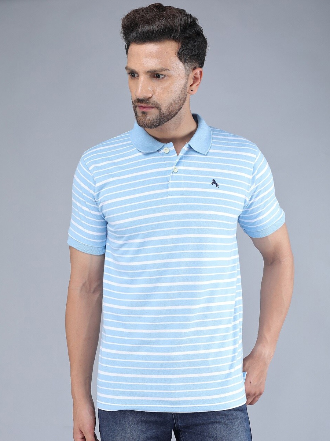 

TQS Men Blue Striped Polo Collar Cotton Slim Fit T-shirt