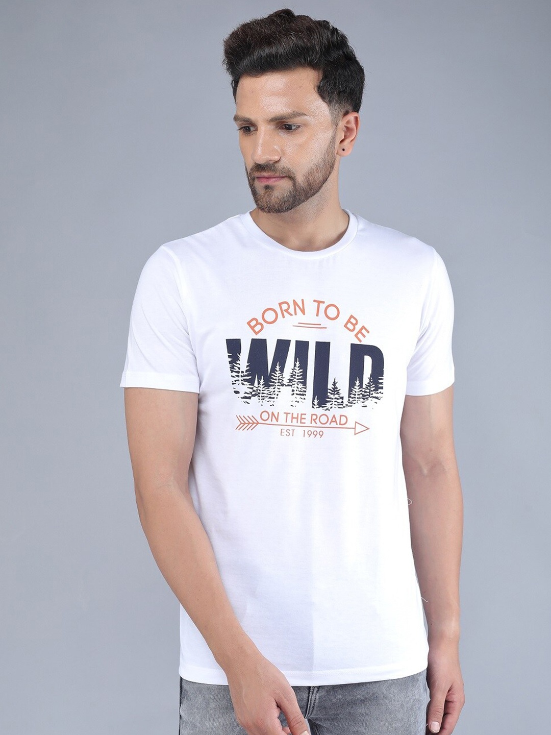

TQS Men White Typography Printed Cotton Slim Fit T-shirt