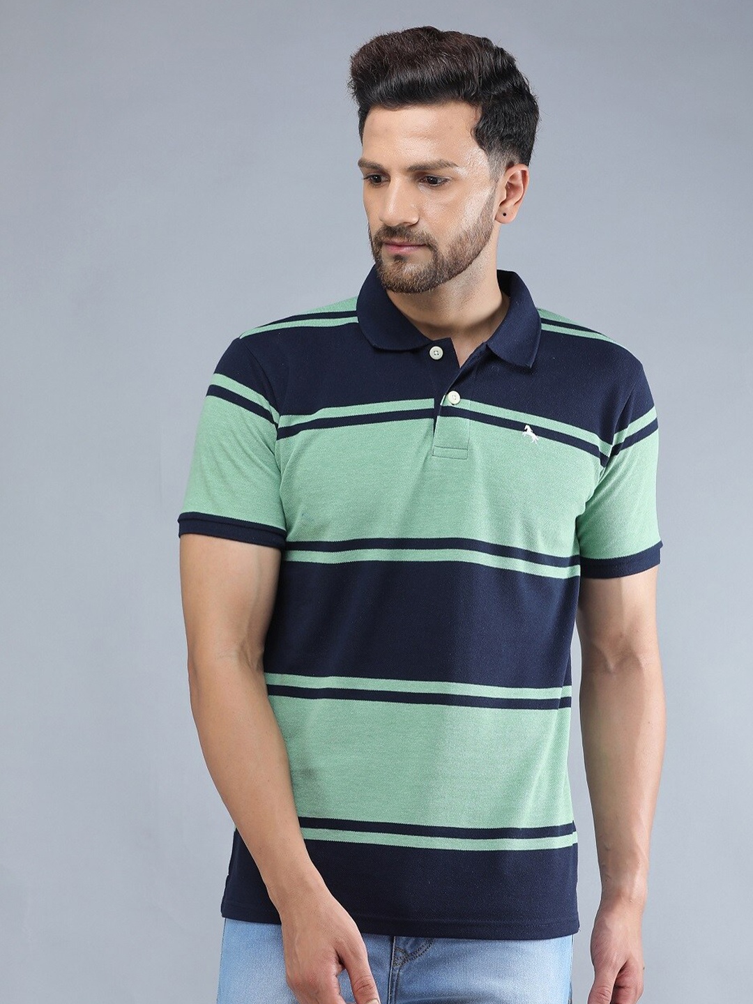 

TQS Men Olive Green & Navy Blue Striped Pure Cotton Polo Collar Slim Fit T-shirt