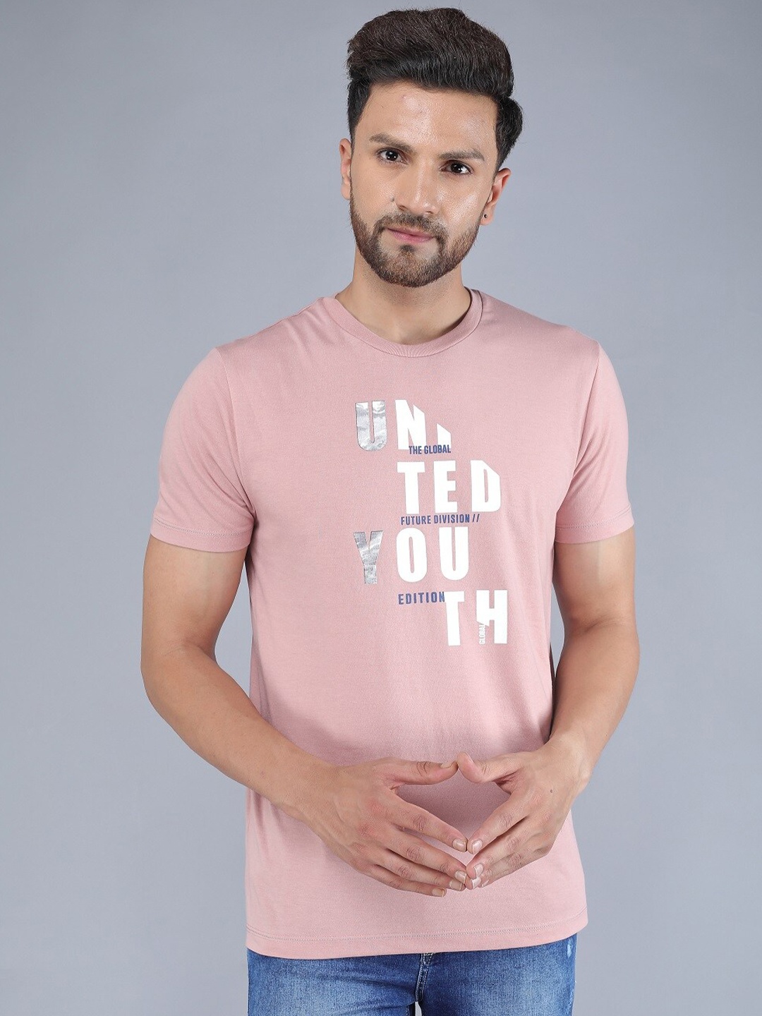 

TQS Men Pink Typography Printed Cotton Slim Fit T-shirt