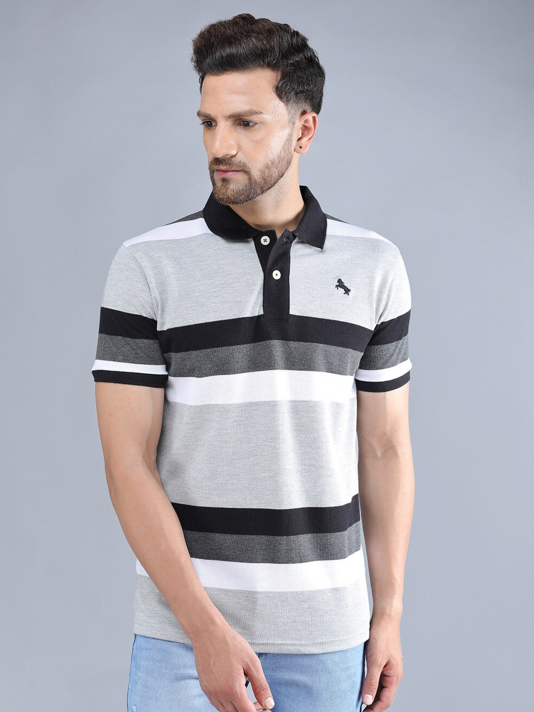 

TQS Men Grey & Black Striped Polo Collar Cotton Slim Fit T-shirt