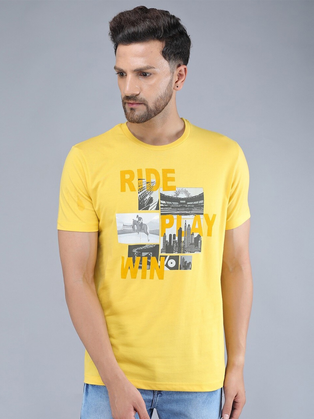 

TQS Men Yellow Graphic Printed Pure Cotton Slim Fit T-shirt