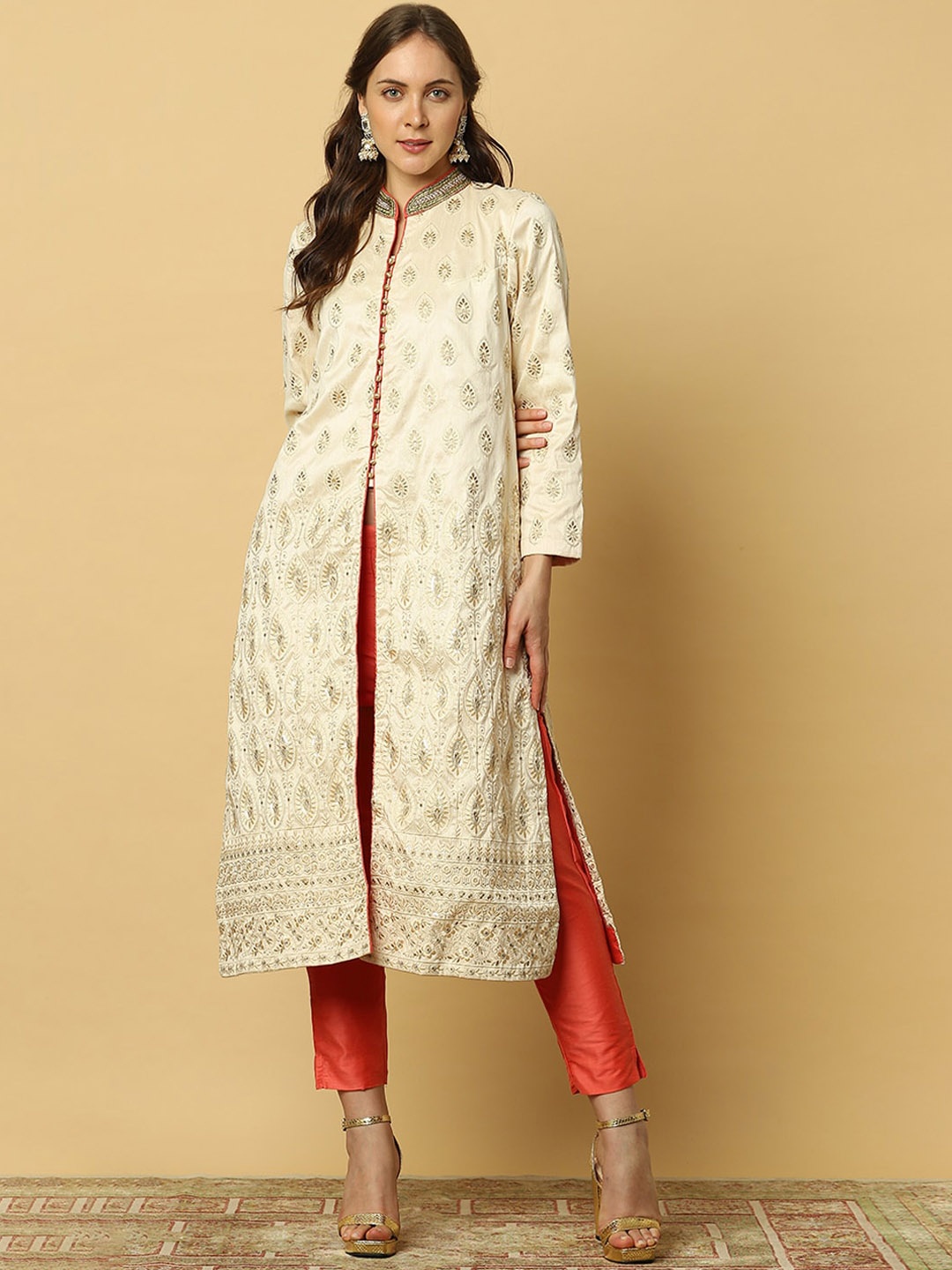 

Indifusion Women Off White Ethnic Motifs Layered Kurta with Trousers