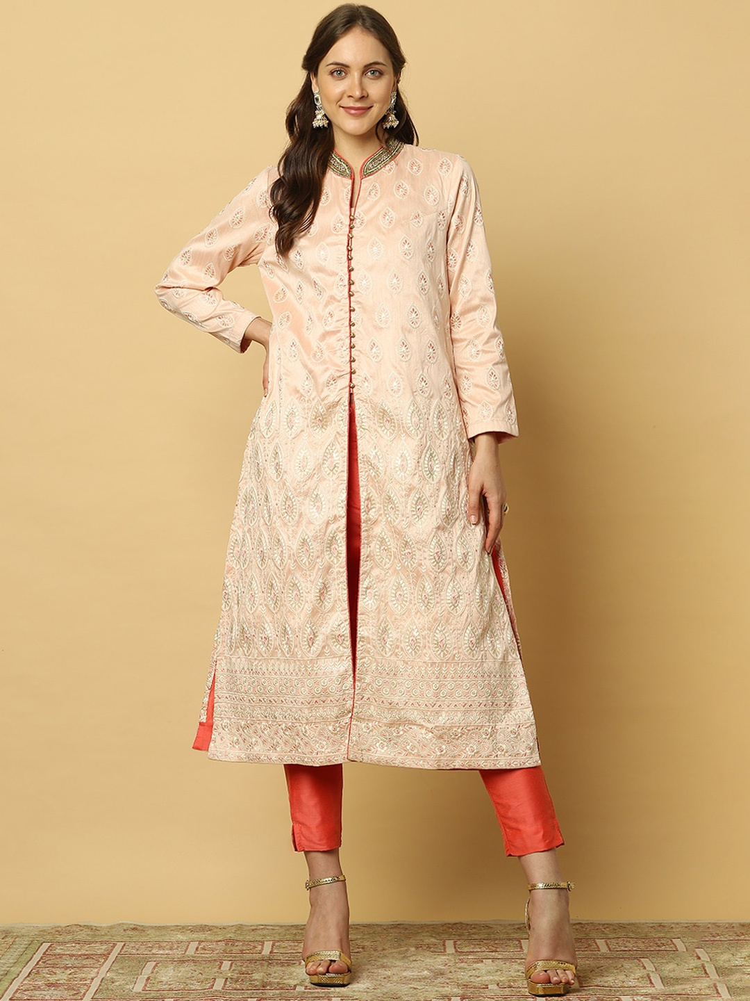 

Indifusion Women Pink Ethnic Motifs Printed Layered Kurta with Trousers