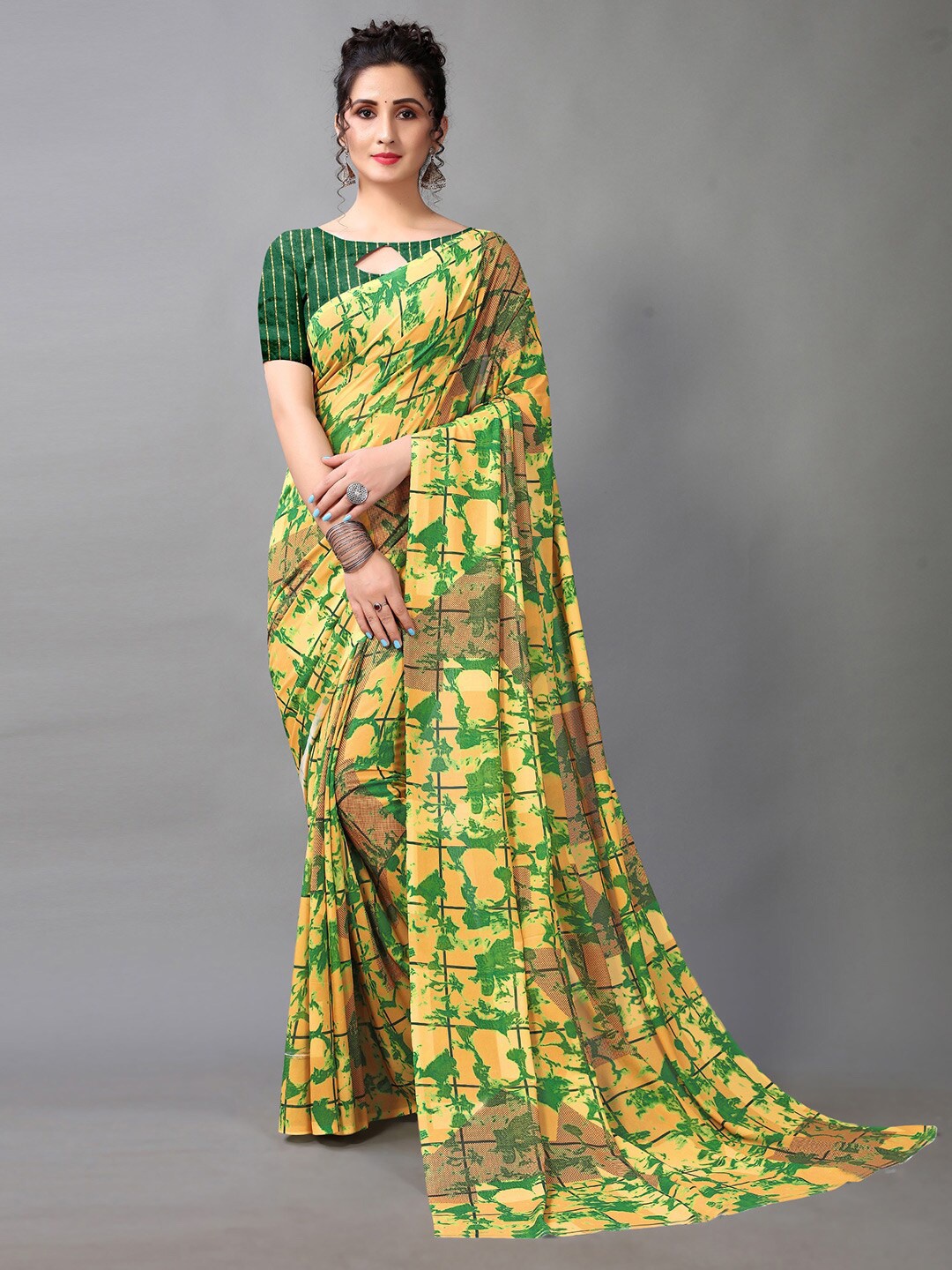 

HRITIKA Yellow & Green Checked Pure Georgette Saree