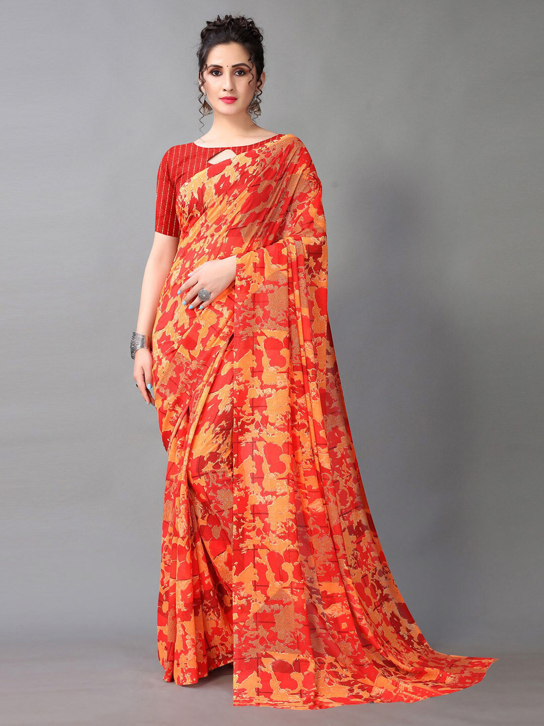 

HRITIKA Red & Orange Floral Pure Georgette Saree