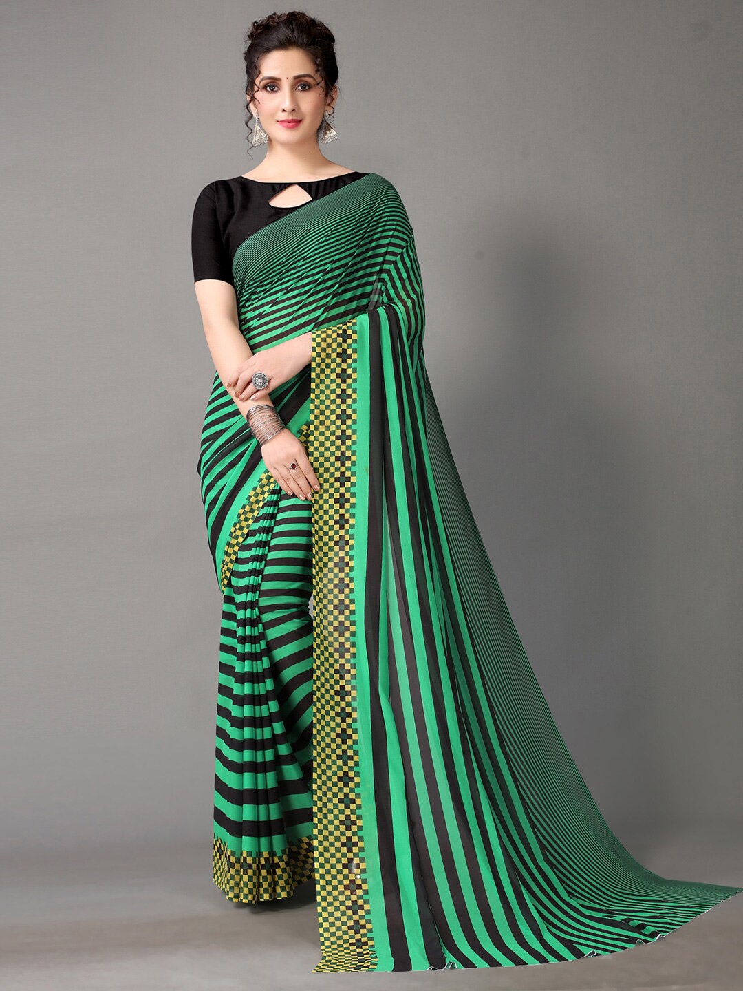 

HRITIKA Green & Black Striped Pure Georgette Saree