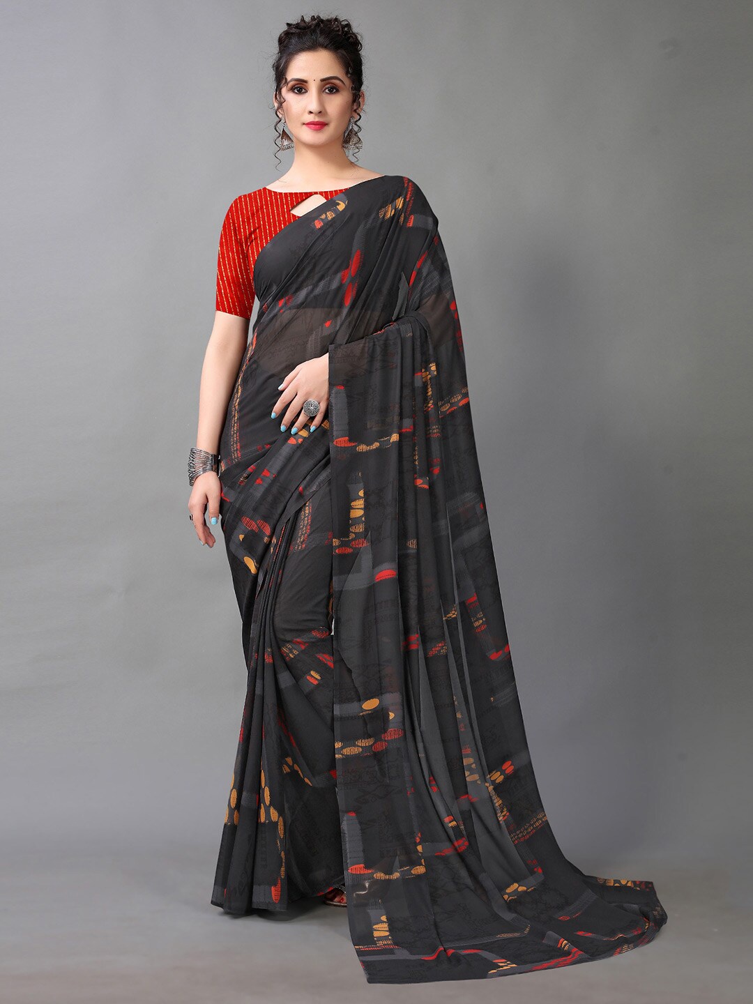 

HRITIKA Black & Red Abstract Print Pure Georgette Saree