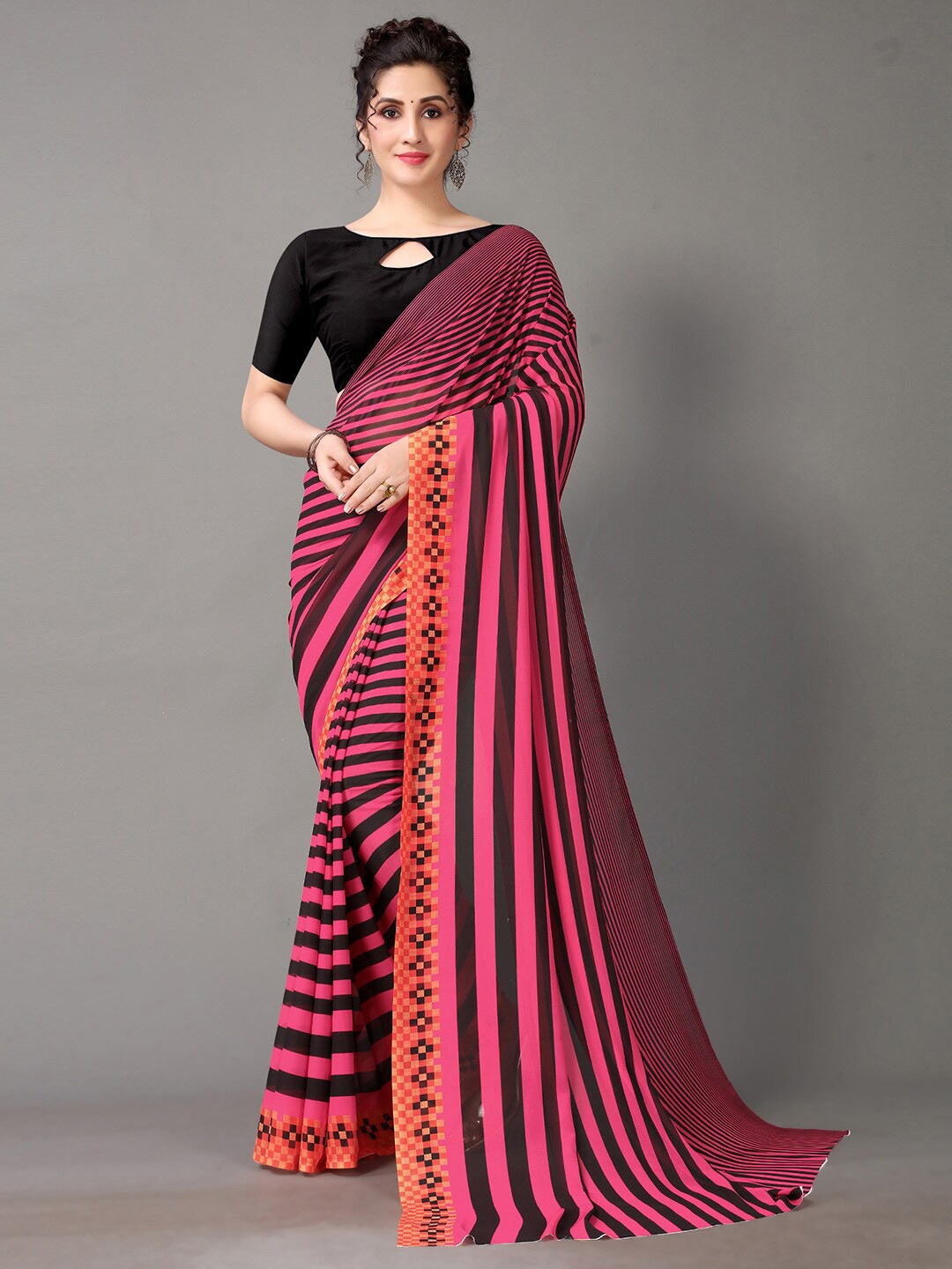 

HRITIKA Pink & Black Striped Pure Georgette Saree