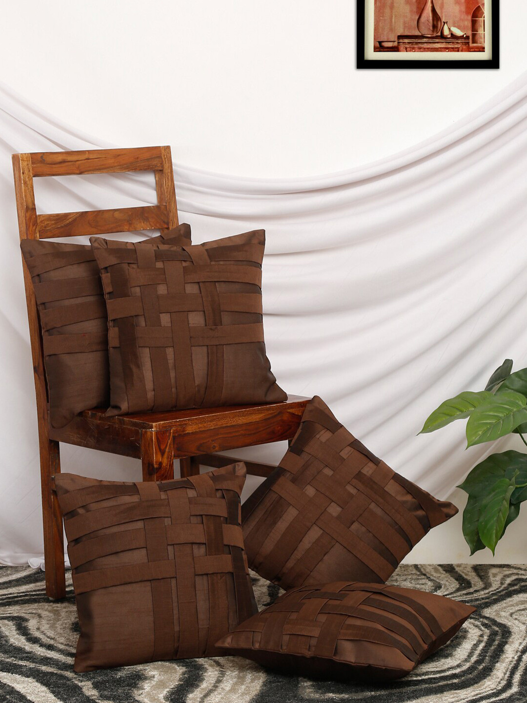 

Slushy Mushy Set of 5 Geometric Square Cushion Covers, Brown