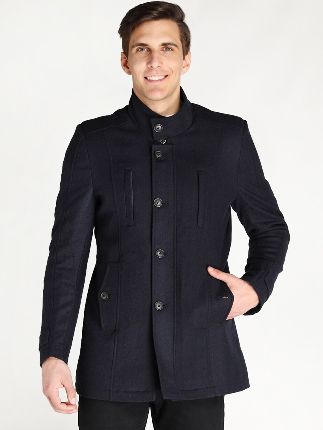 

LURE URBAN Men Navy Blue Solid Woolen Trench Coats