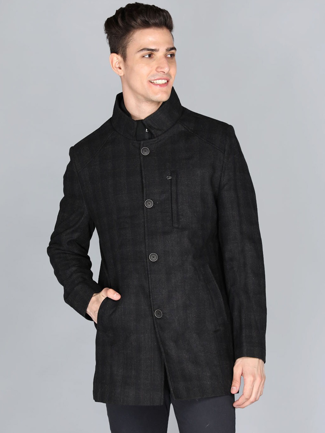 

LURE URBAN Men Black Checked Single Breasted Trench coat