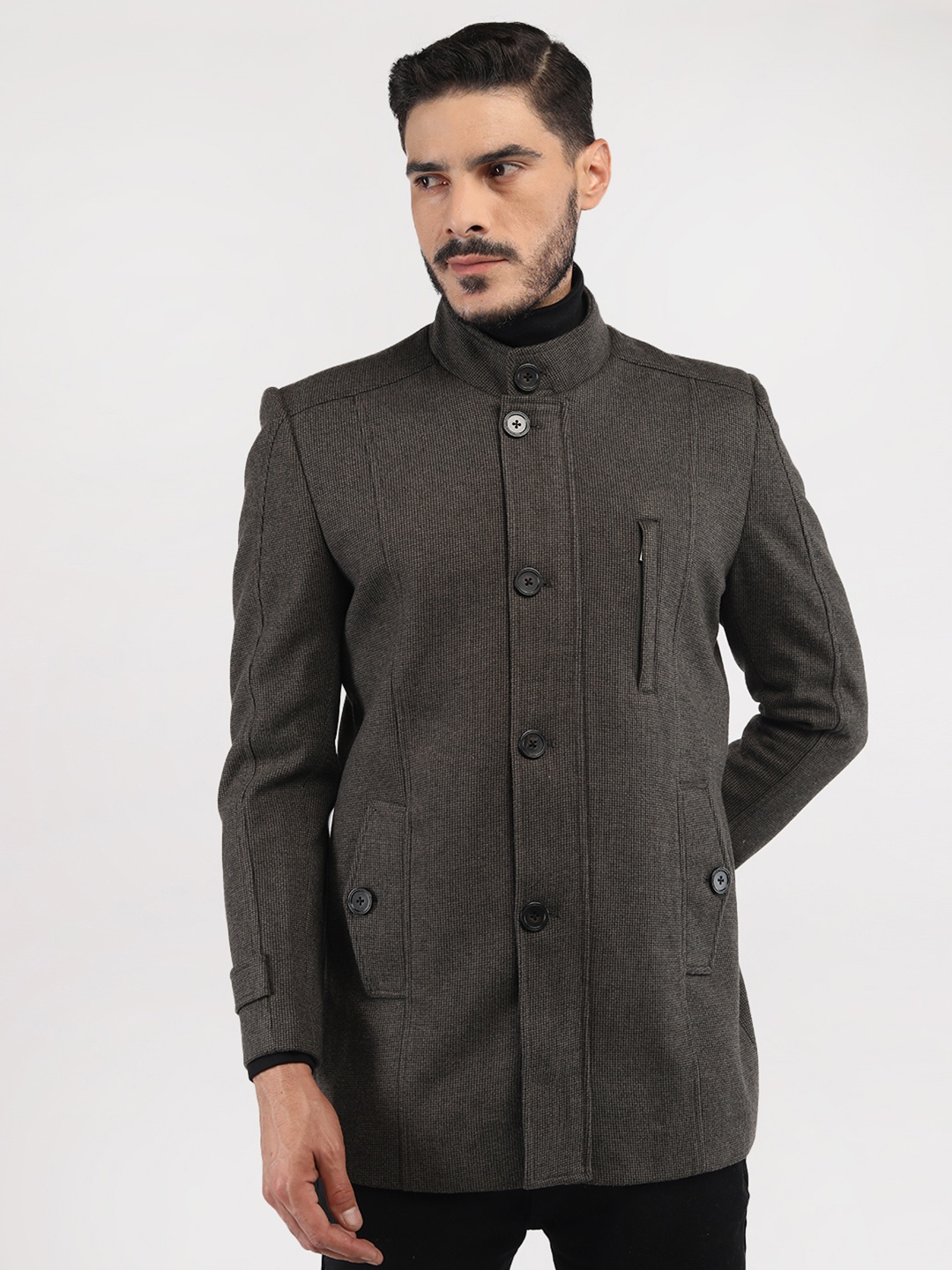 

LURE URBAN Men Olive Black Solid Trench Coat