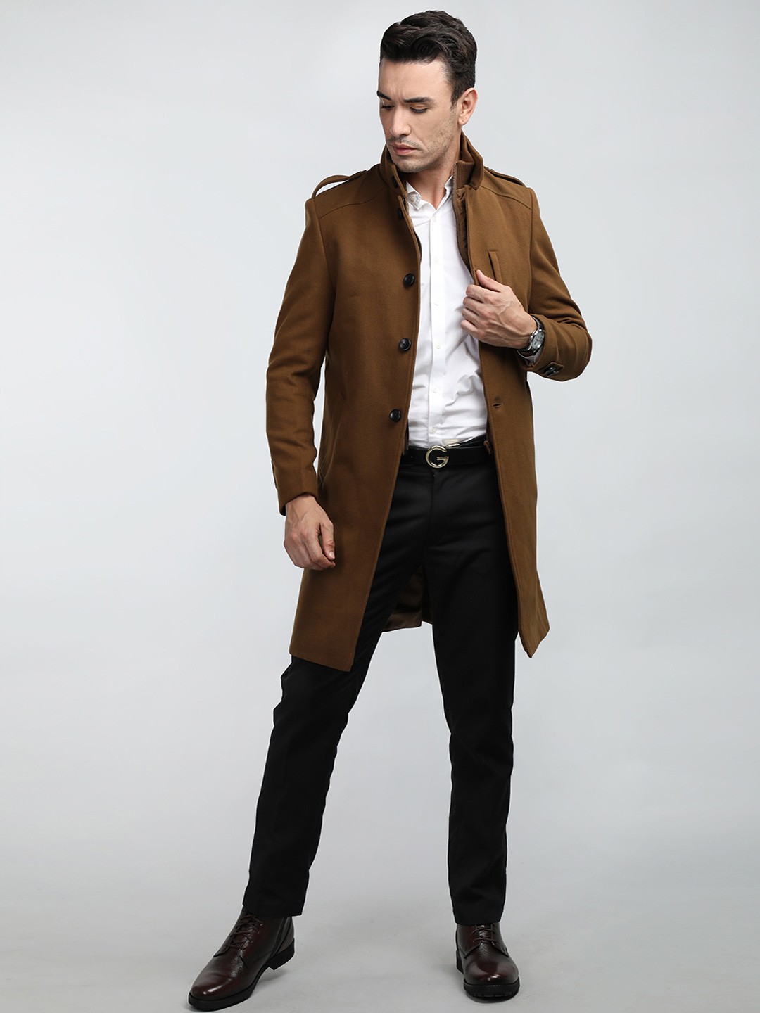 

LURE URBAN Men Tan Solid Woolen Trench Coats