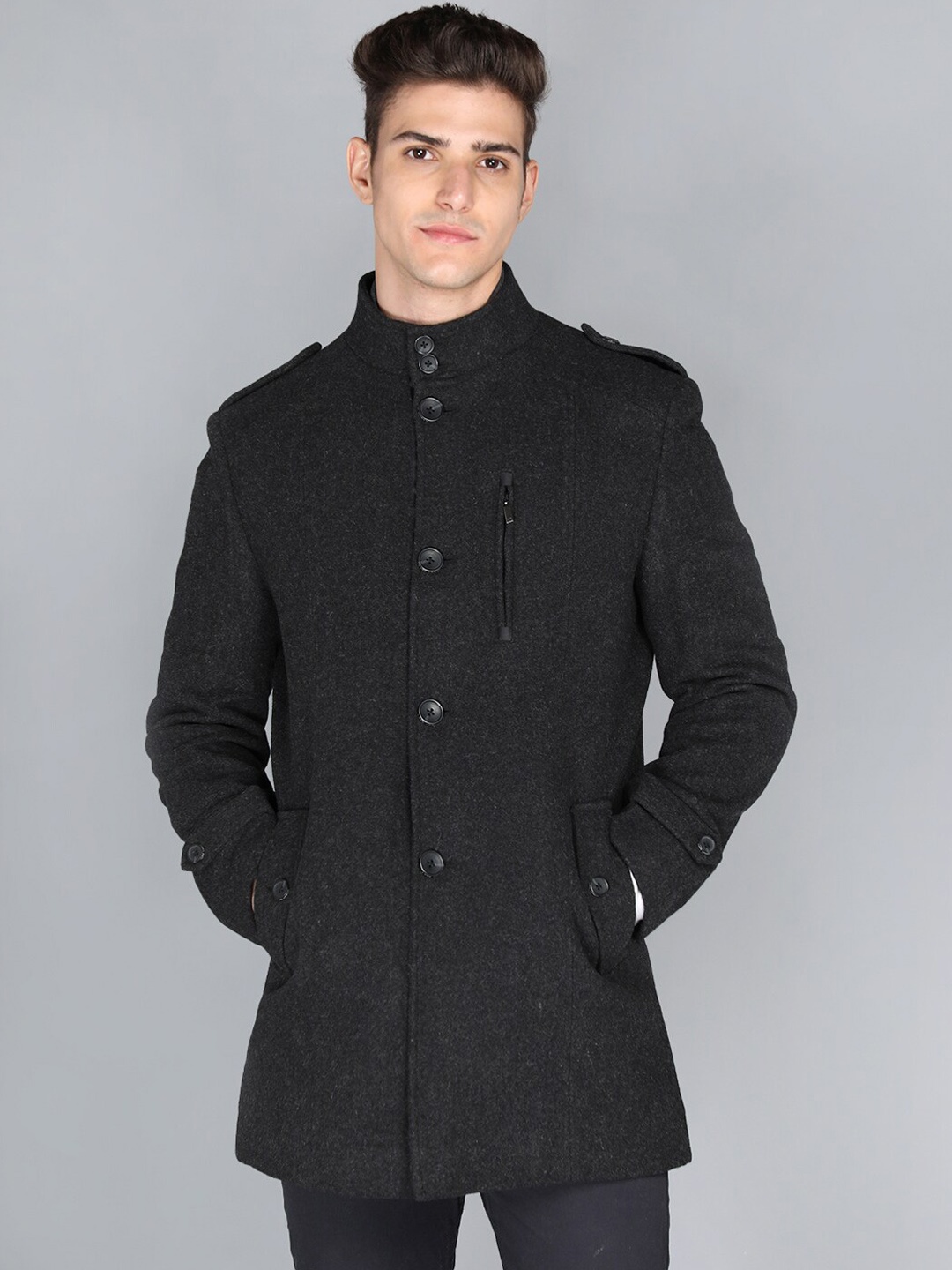 

LURE URBAN Men Grey Solid Woolen Trench Coats